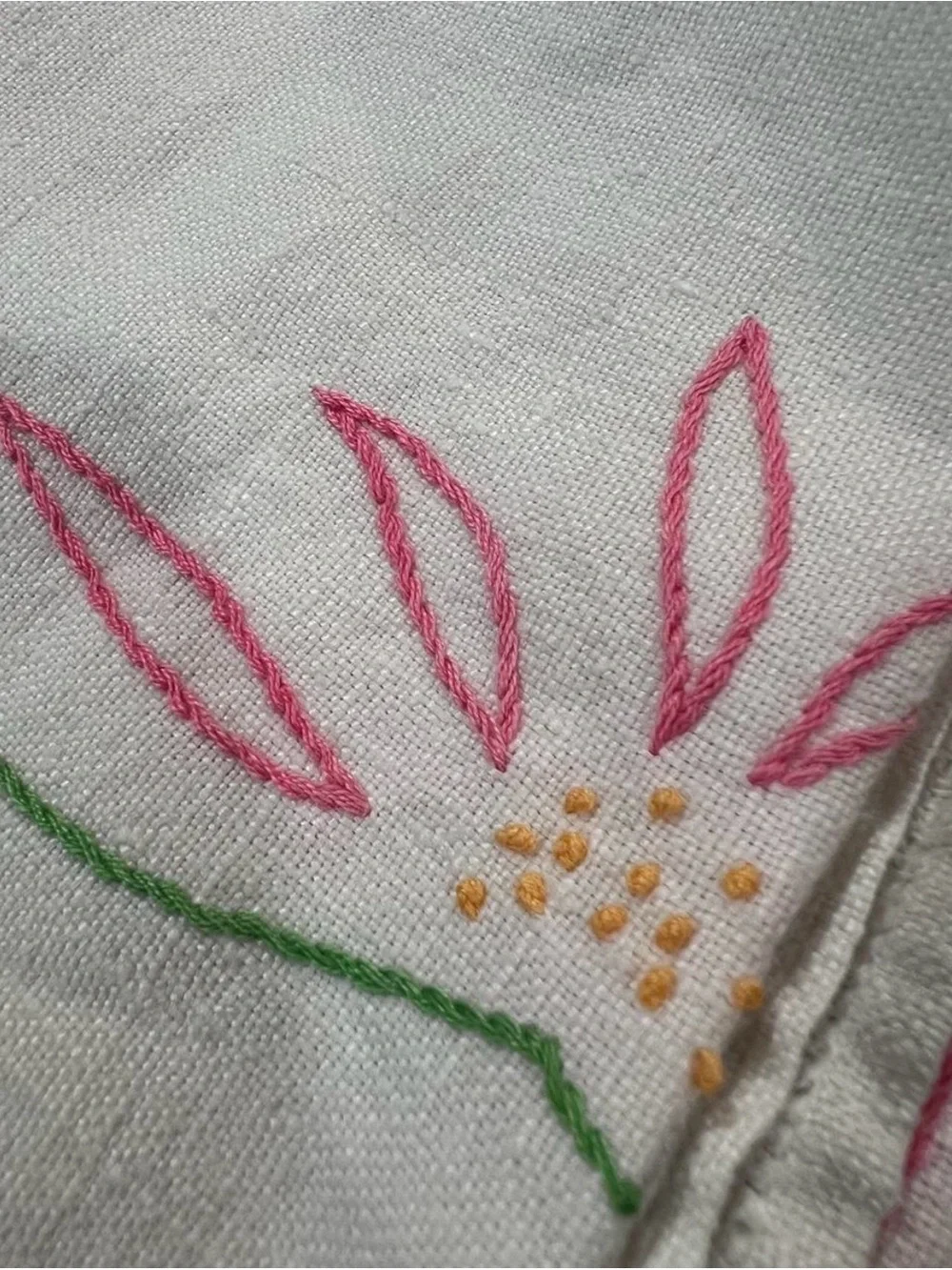 Vintage 50’s Embroidered Floral Linen Runner in White and Pink